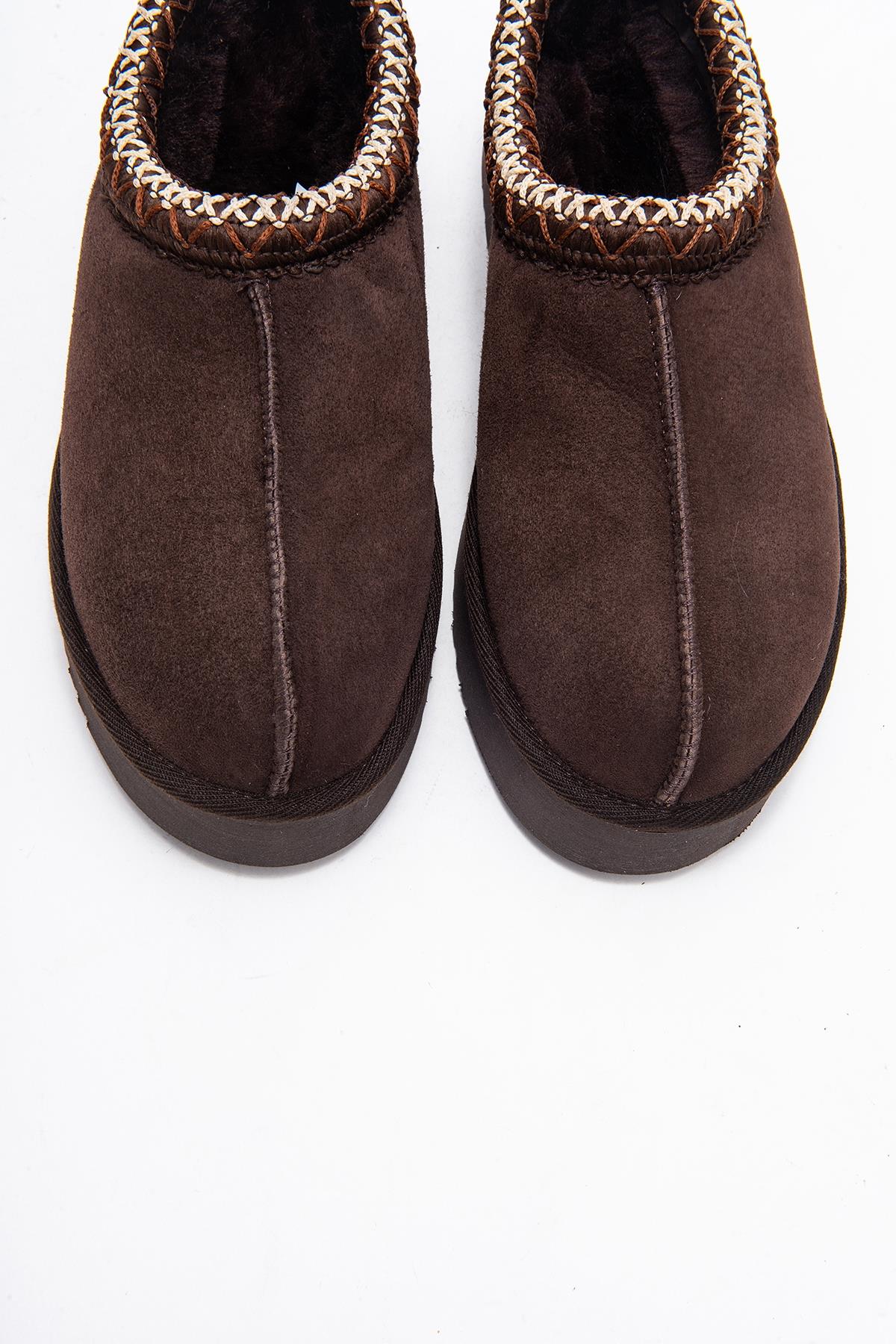 Avelia - Brown Suede Genuine Leather Thick-Soled Winter Slipper (Women)
