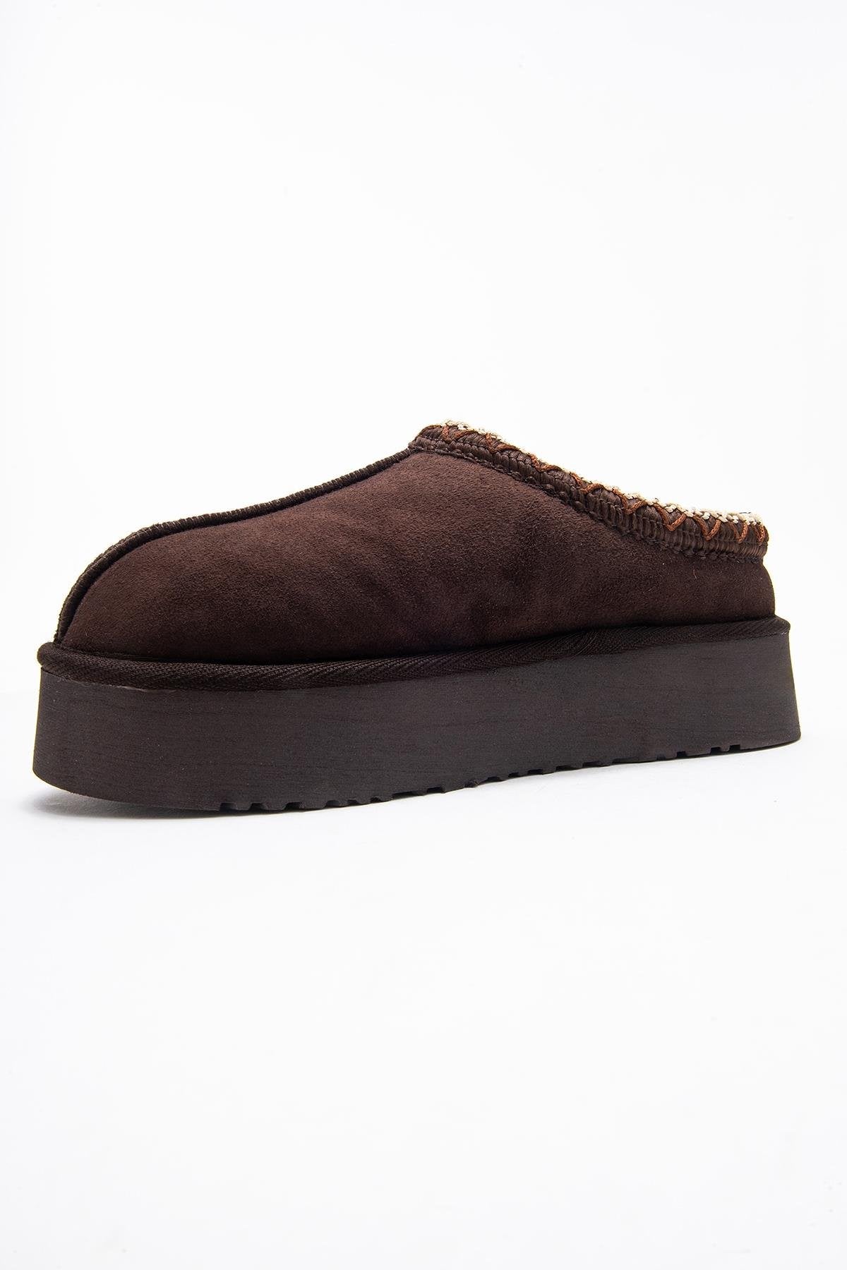 Avelia - Brown Suede Genuine Leather Thick-Soled Winter Slipper (Women)