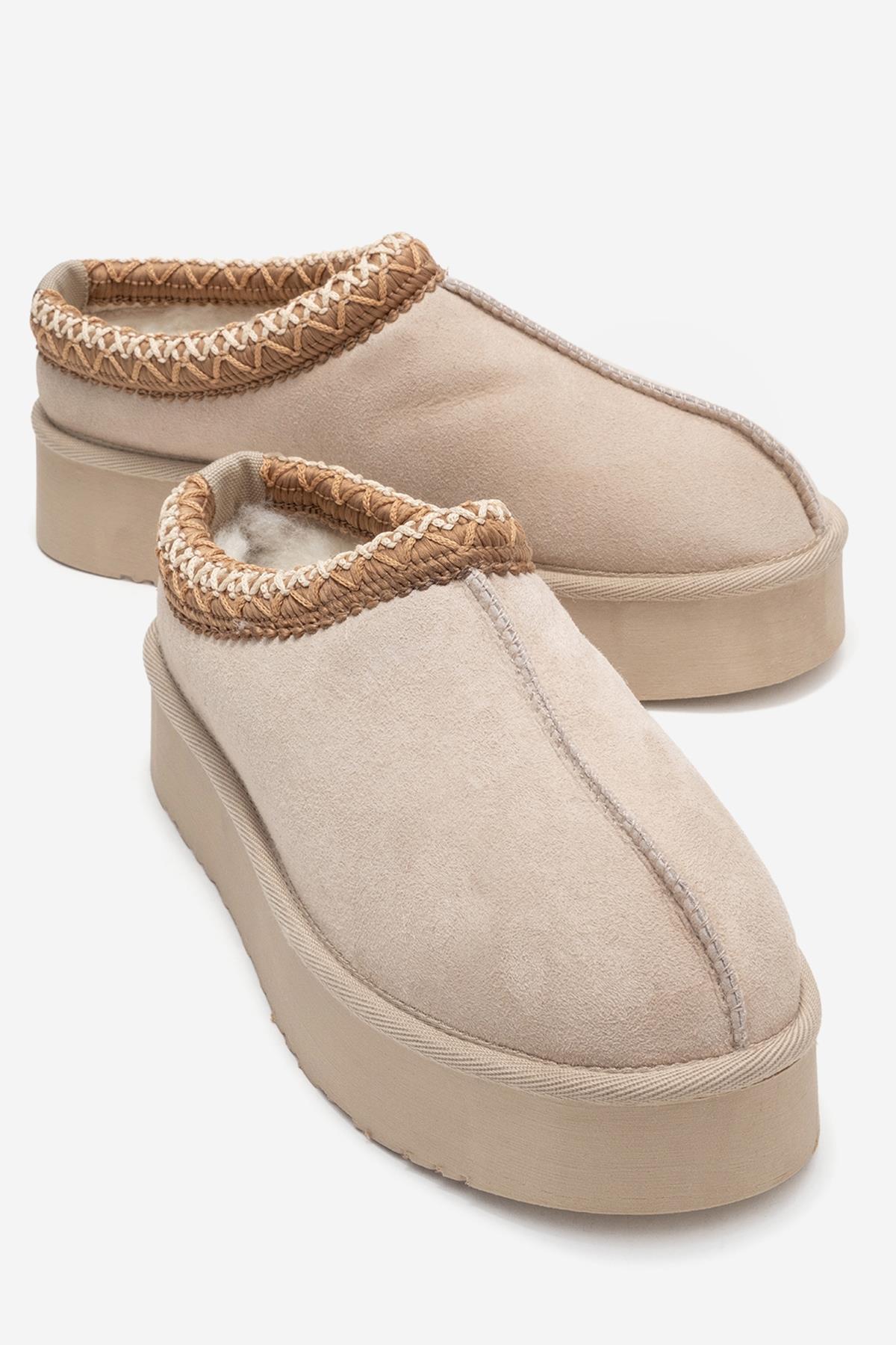 Avelia - Beige Suede Genuine Leather Thick-Soled Winter Slipper (Women)