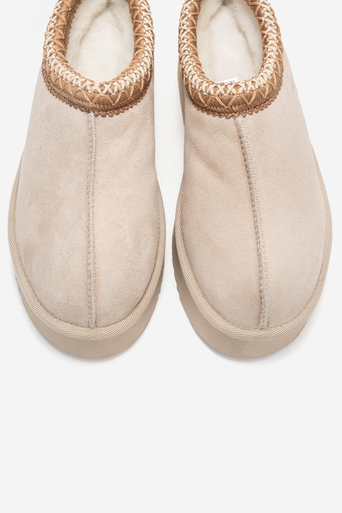 Avelia - Beige Suede Genuine Leather Thick-Soled Winter Slipper (Women)