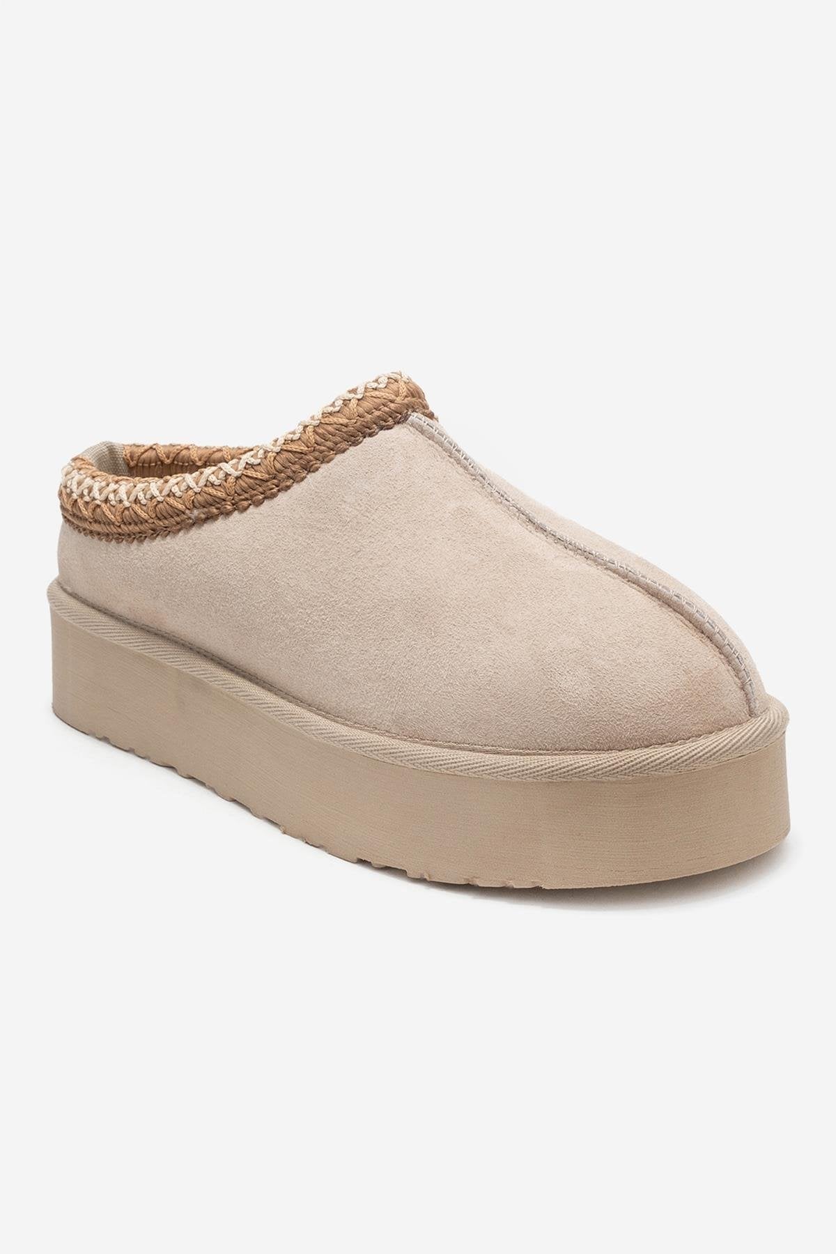 Avelia - Beige Suede Genuine Leather Thick-Soled Winter Slipper (Women)