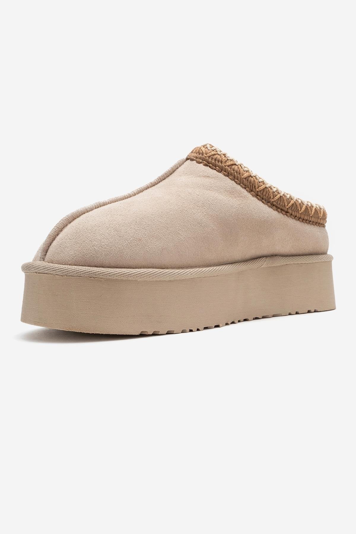 Avelia - Beige Suede Genuine Leather Thick-Soled Winter Slipper (Women)