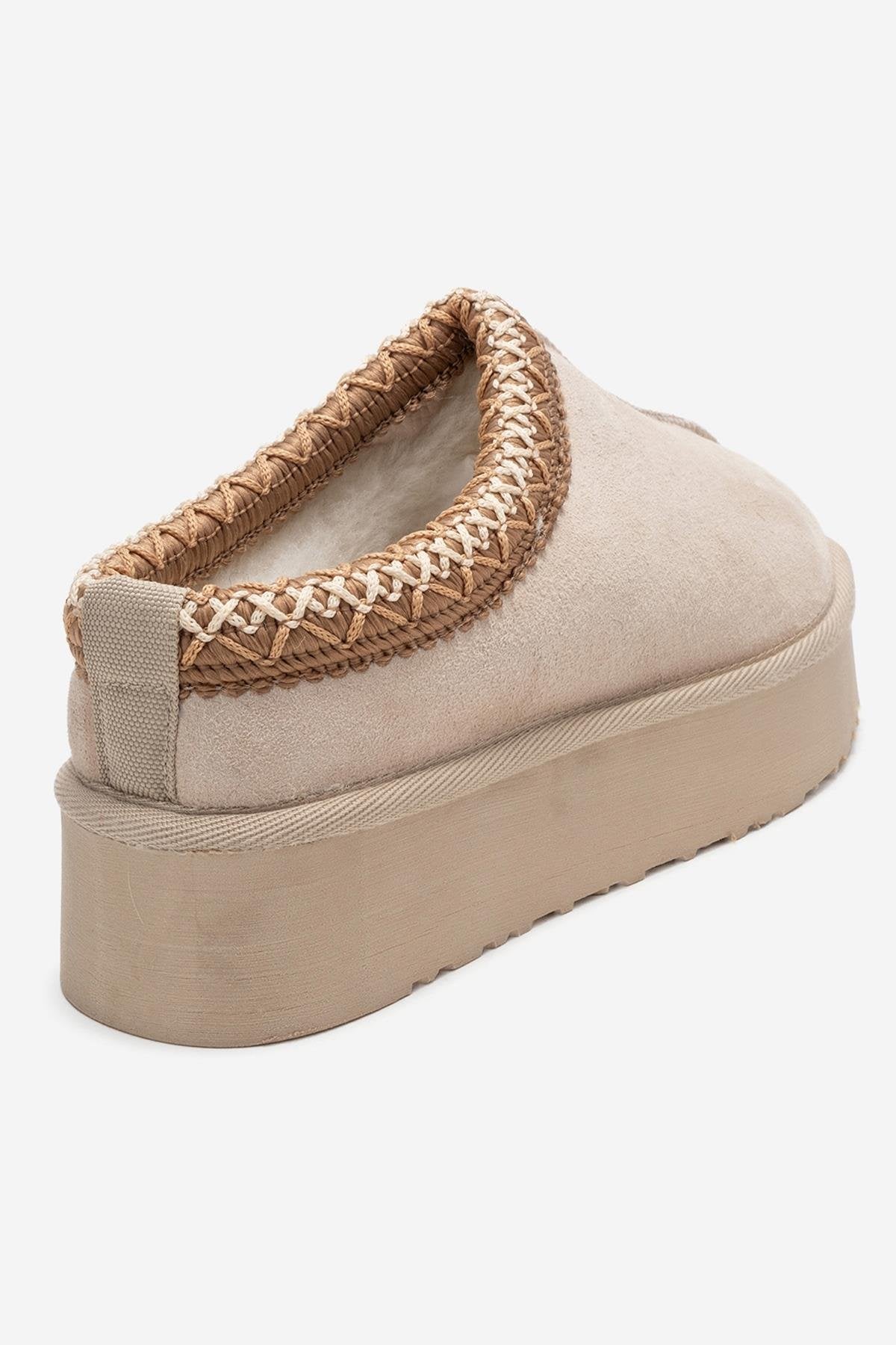 Avelia - Beige Suede Genuine Leather Thick-Soled Winter Slipper (Women)