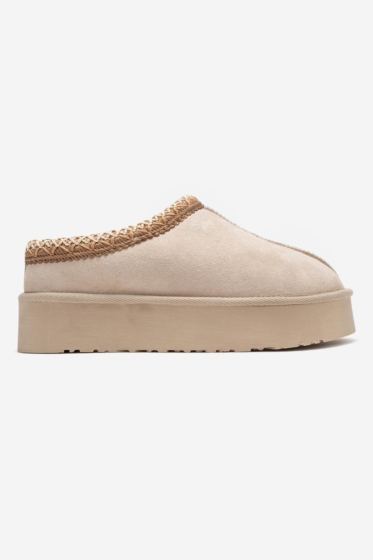 Avelia - Beige Suede Genuine Leather Thick-Soled Winter Slipper (Women)