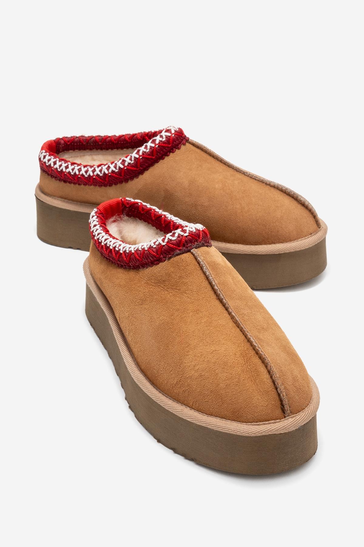 Avelia - Cognac Suede Genuine Leather Thick-Soled Winter Slipper (Women)