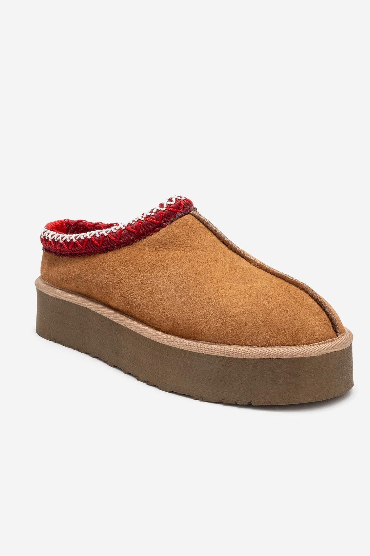 Avelia - Cognac Suede Genuine Leather Thick-Soled Winter Slipper (Women)