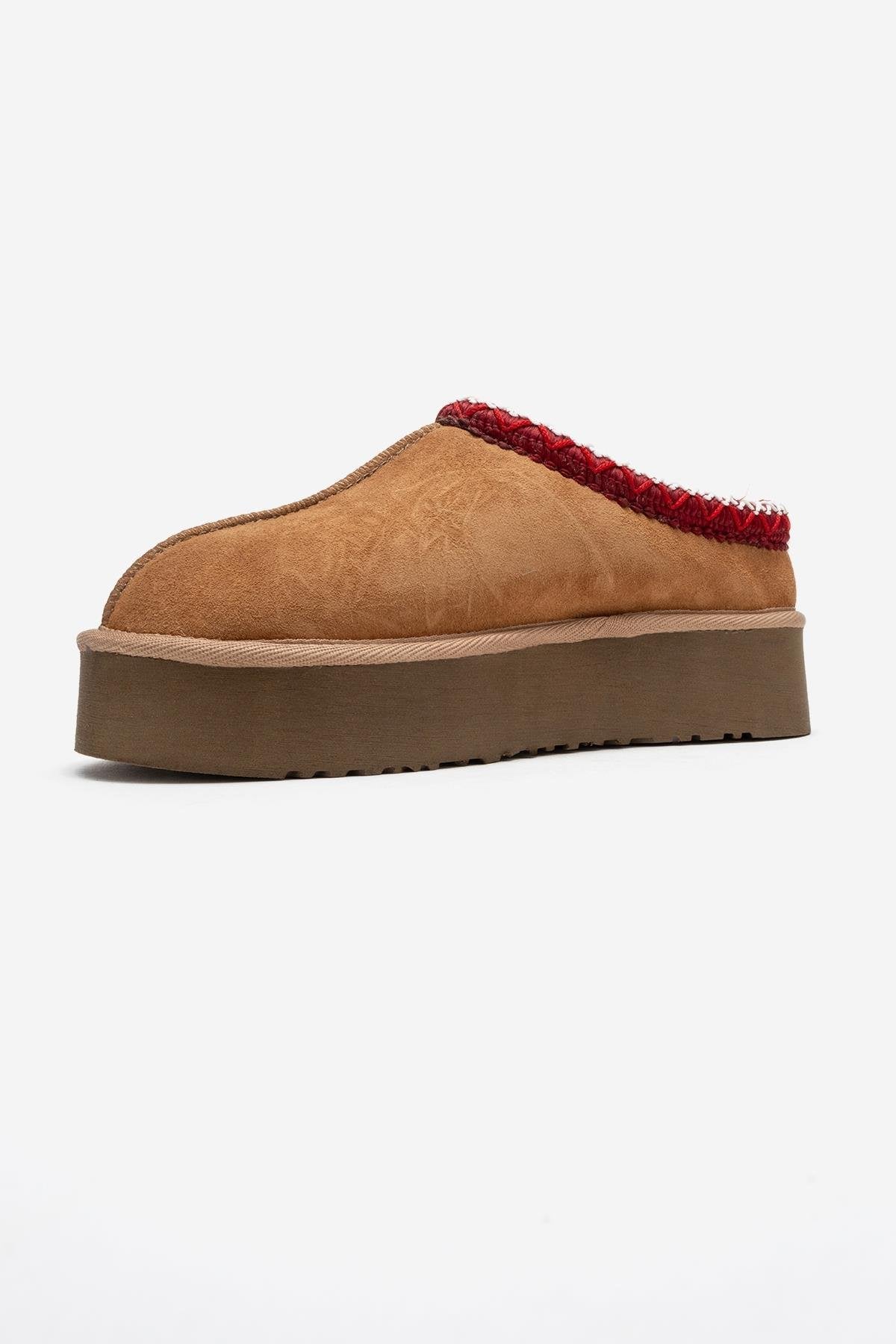Avelia - Cognac Suede Genuine Leather Thick-Soled Winter Slipper (Women)