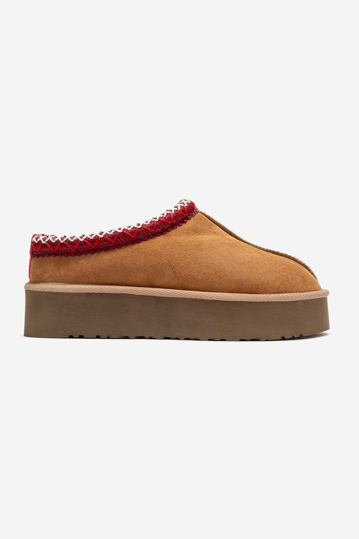 Avelia - Cognac Suede Genuine Leather Thick-Soled Winter Slipper (Women)