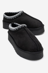 Avelia - Black Suede Genuine Leather Thick-Soled Winter Slipper (Women)