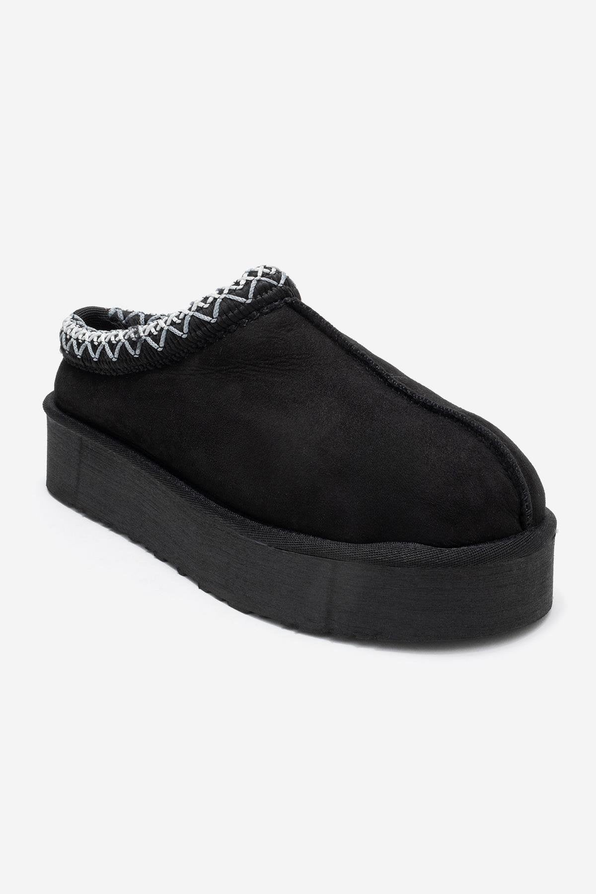 Avelia - Black Suede Genuine Leather Thick-Soled Winter Slipper (Women)