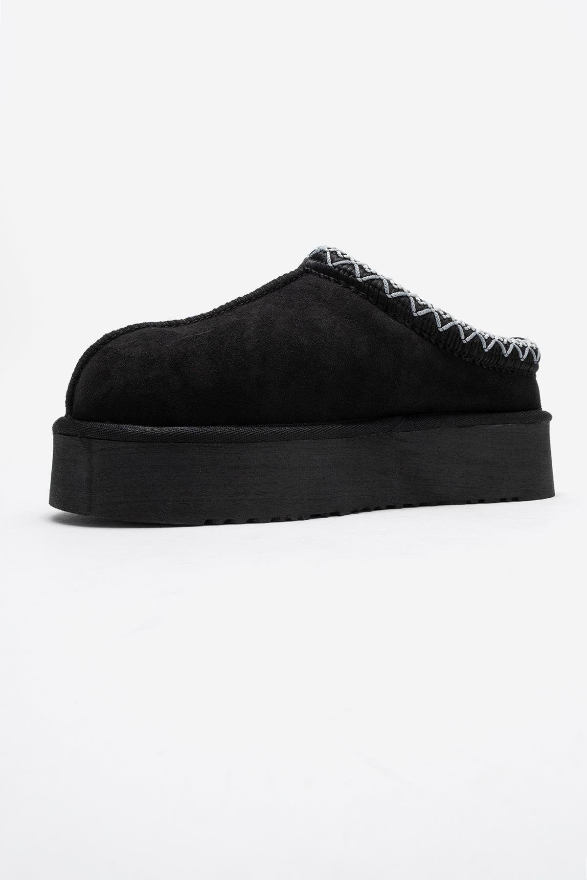 Avelia - Black Suede Genuine Leather Thick-Soled Winter Slipper (Women)