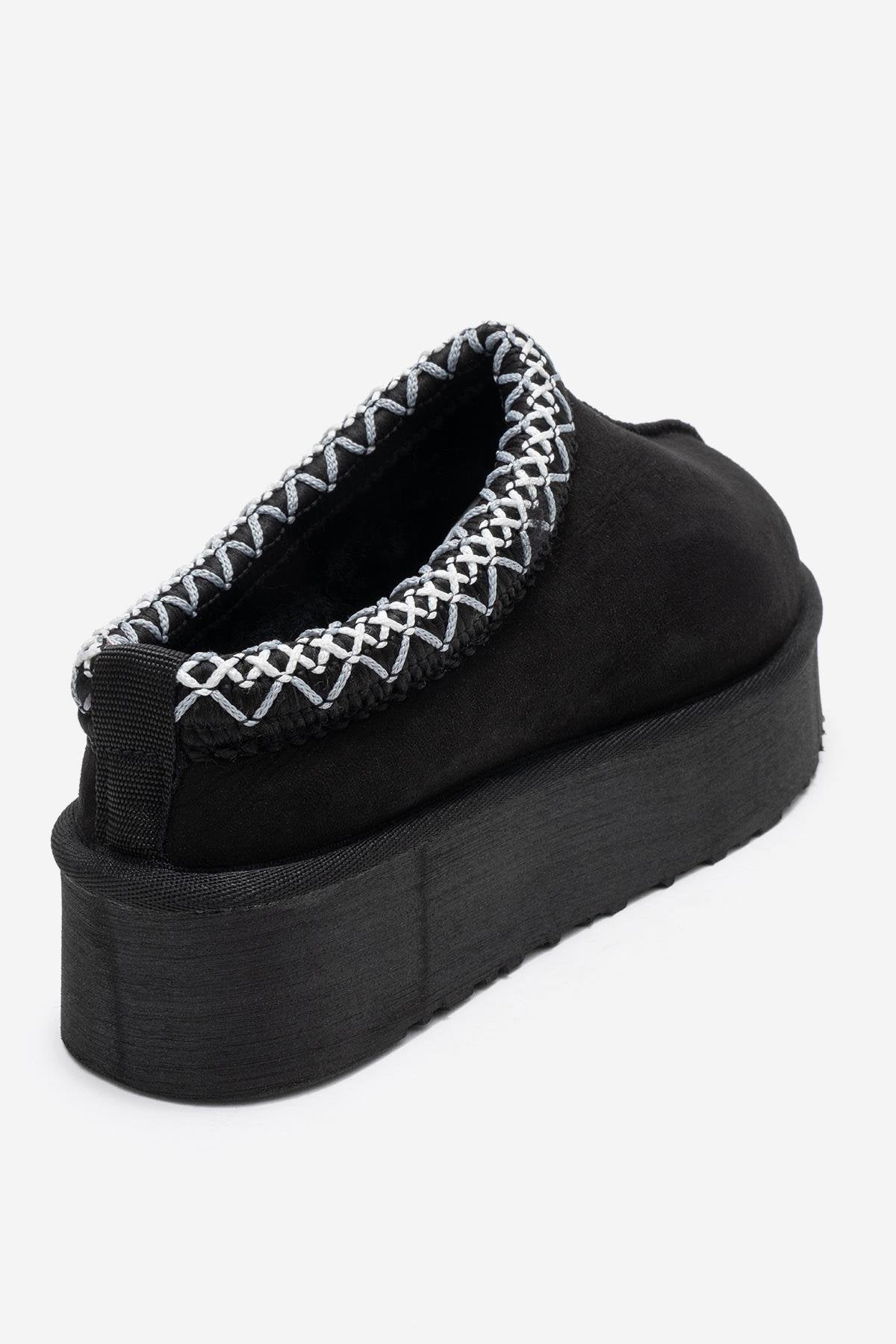 Avelia - Black Suede Genuine Leather Thick-Soled Winter Slipper (Women)