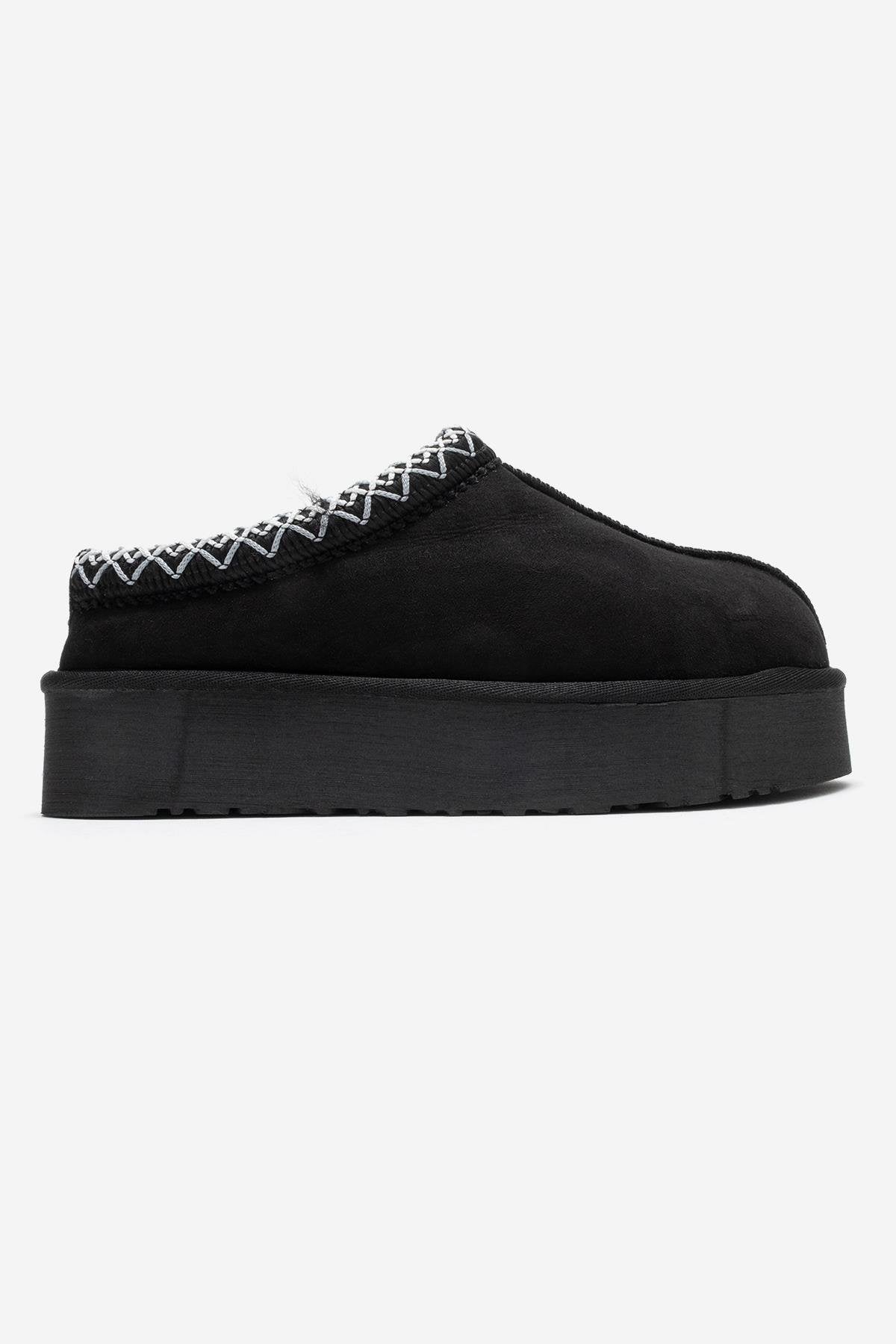 Avelia - Black Suede Genuine Leather Thick-Soled Winter Slipper (Women)