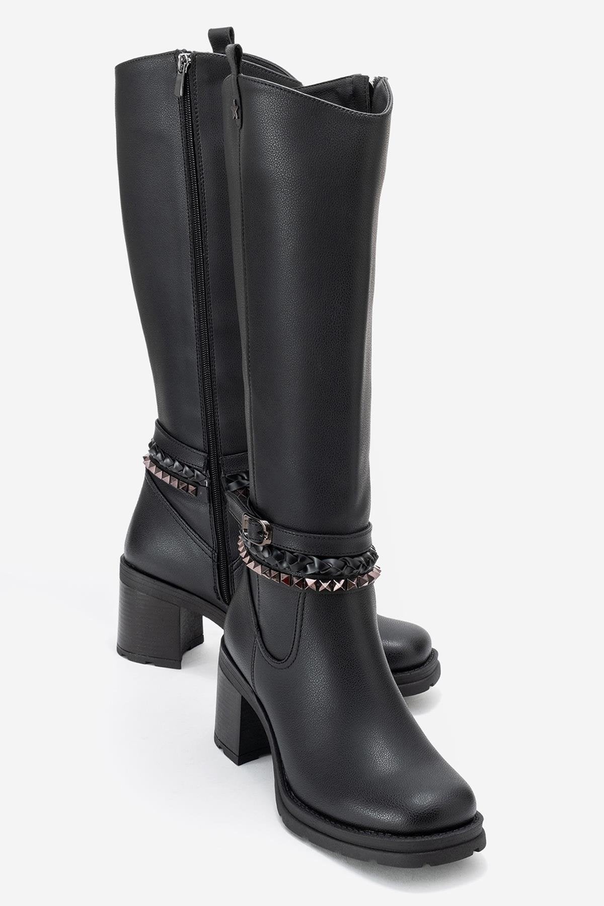 Viorra - Black Strappy Block Heel Knee-High Boot (Women)