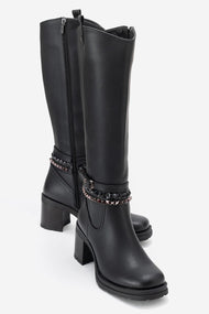 Viorra - Black Strappy Block Heel Knee-High Boot (Women)