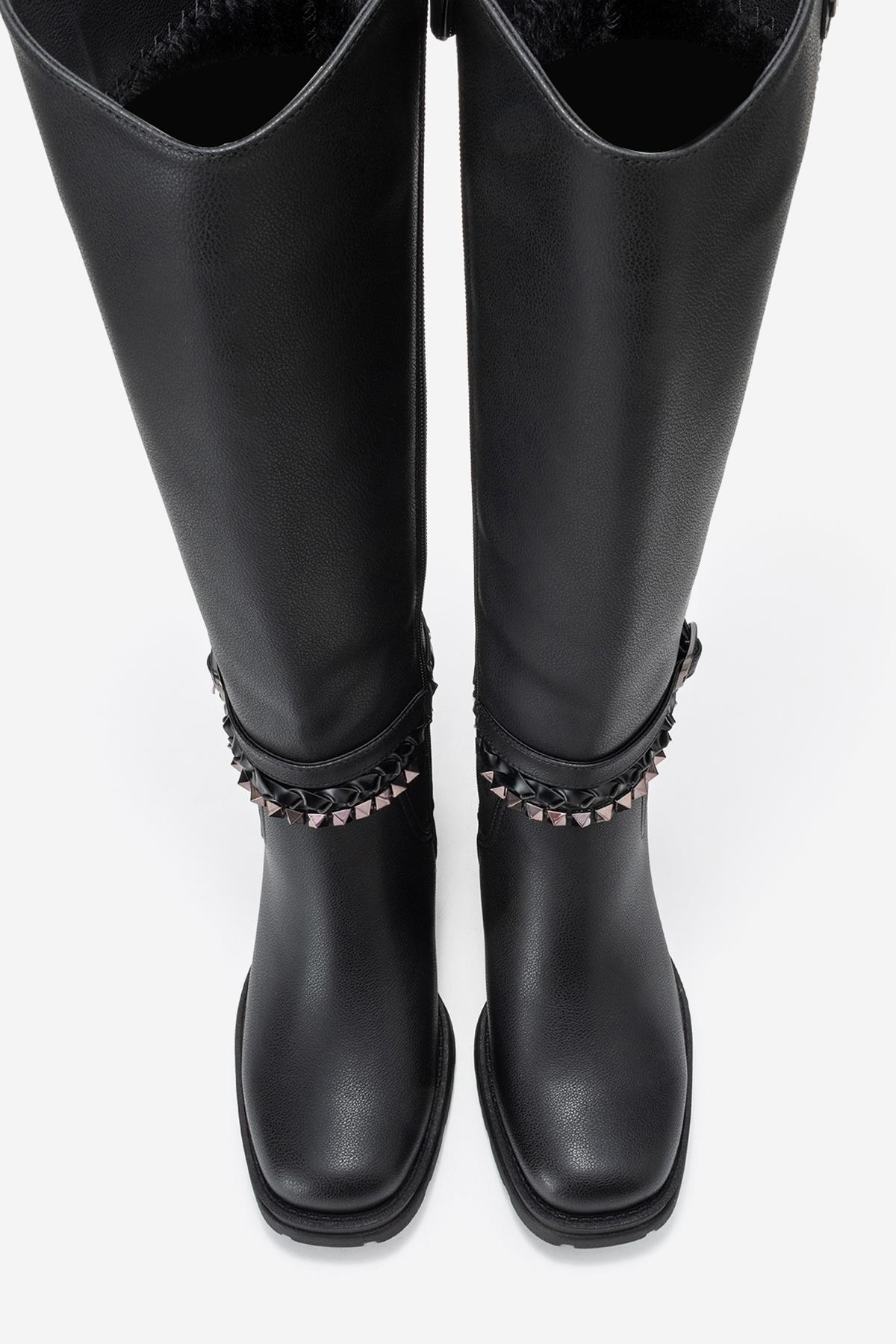 Viorra - Black Strappy Block Heel Knee-High Boot (Women)