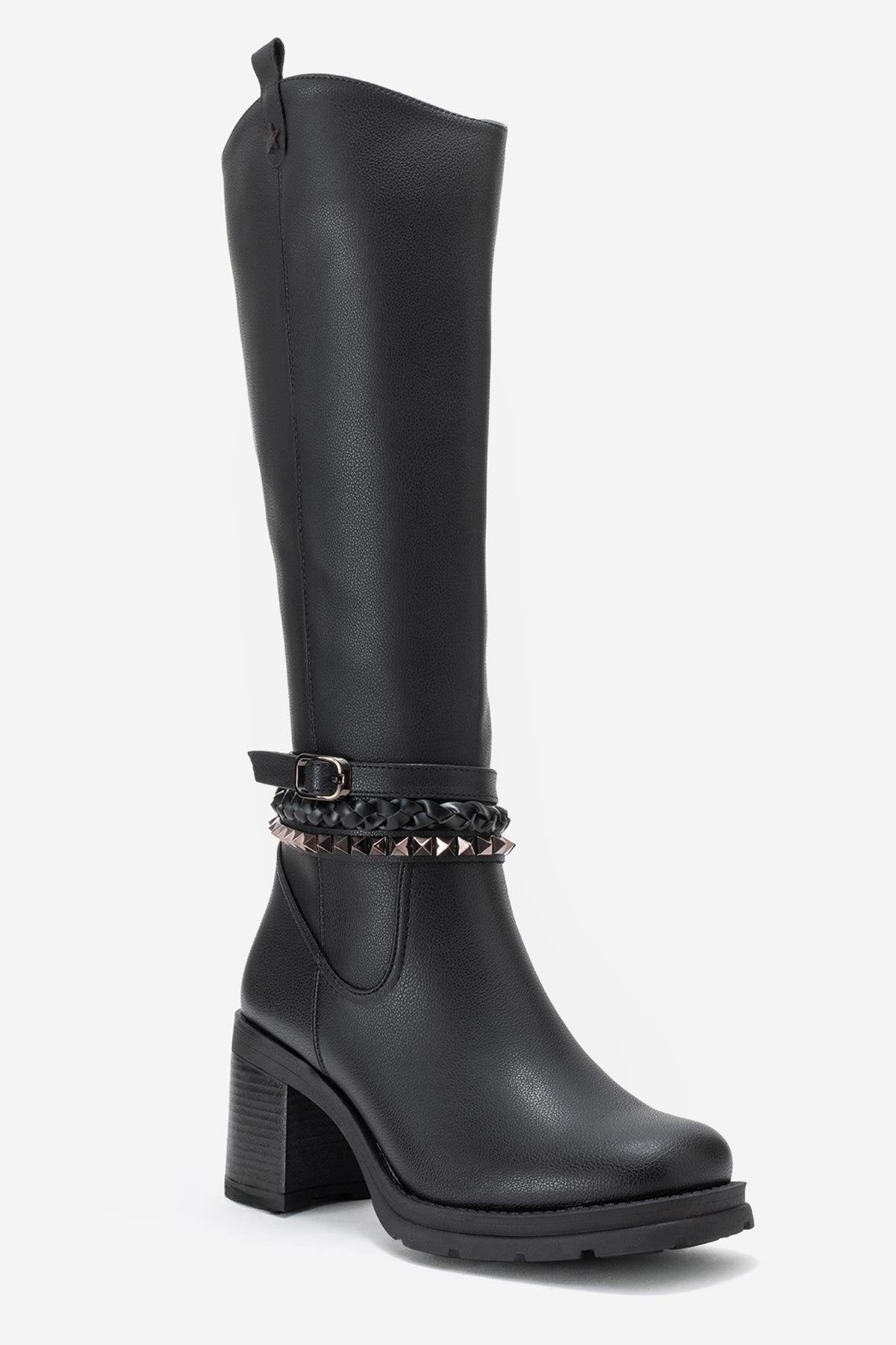 Viorra - Black Strappy Block Heel Knee-High Boot (Women)