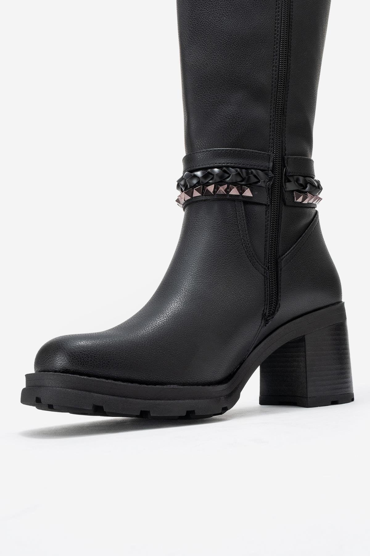Viorra - Black Strappy Block Heel Knee-High Boot (Women)