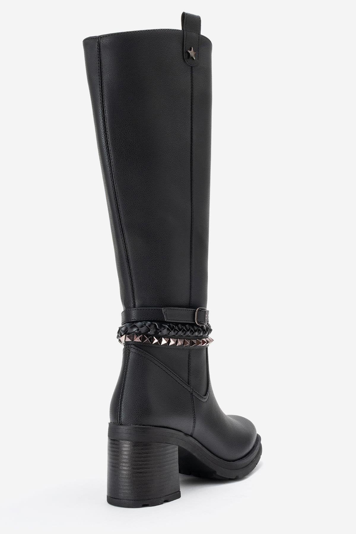 Viorra - Black Strappy Block Heel Knee-High Boot (Women)