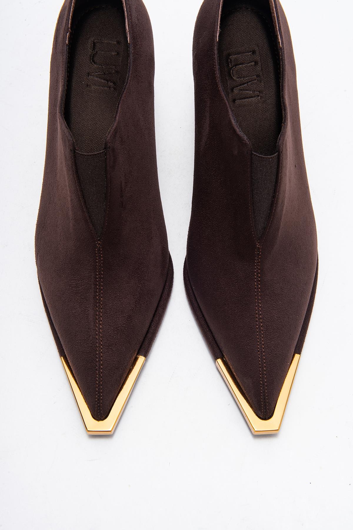 Niva - Brown Suede Gold-Detail Elastic Ankle-Heeled Shoe (Women)