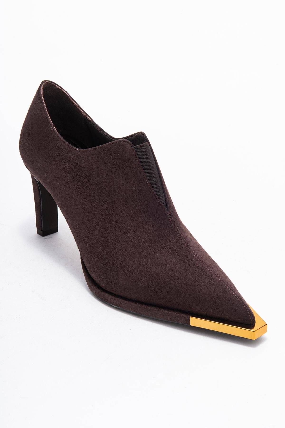 Niva - Brown Suede Gold-Detail Elastic Ankle-Heeled Shoe (Women)