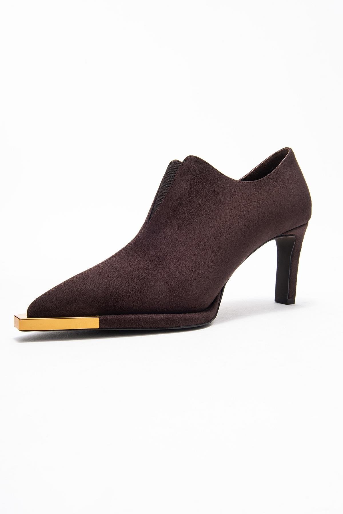Niva - Brown Suede Gold-Detail Elastic Ankle-Heeled Shoe (Women)
