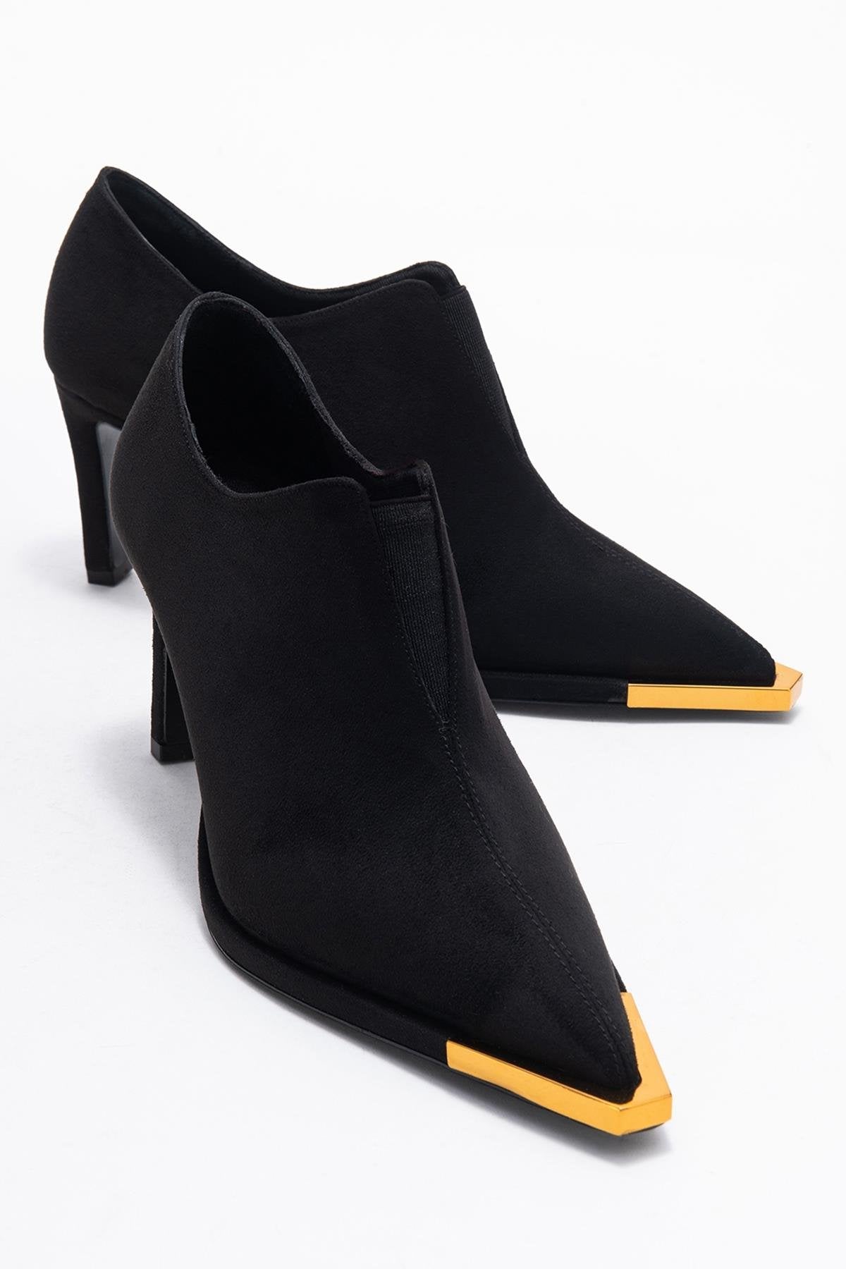 Niva - Black Suede Gold-Detail Elastic Ankle-Heeled Shoe (Women)