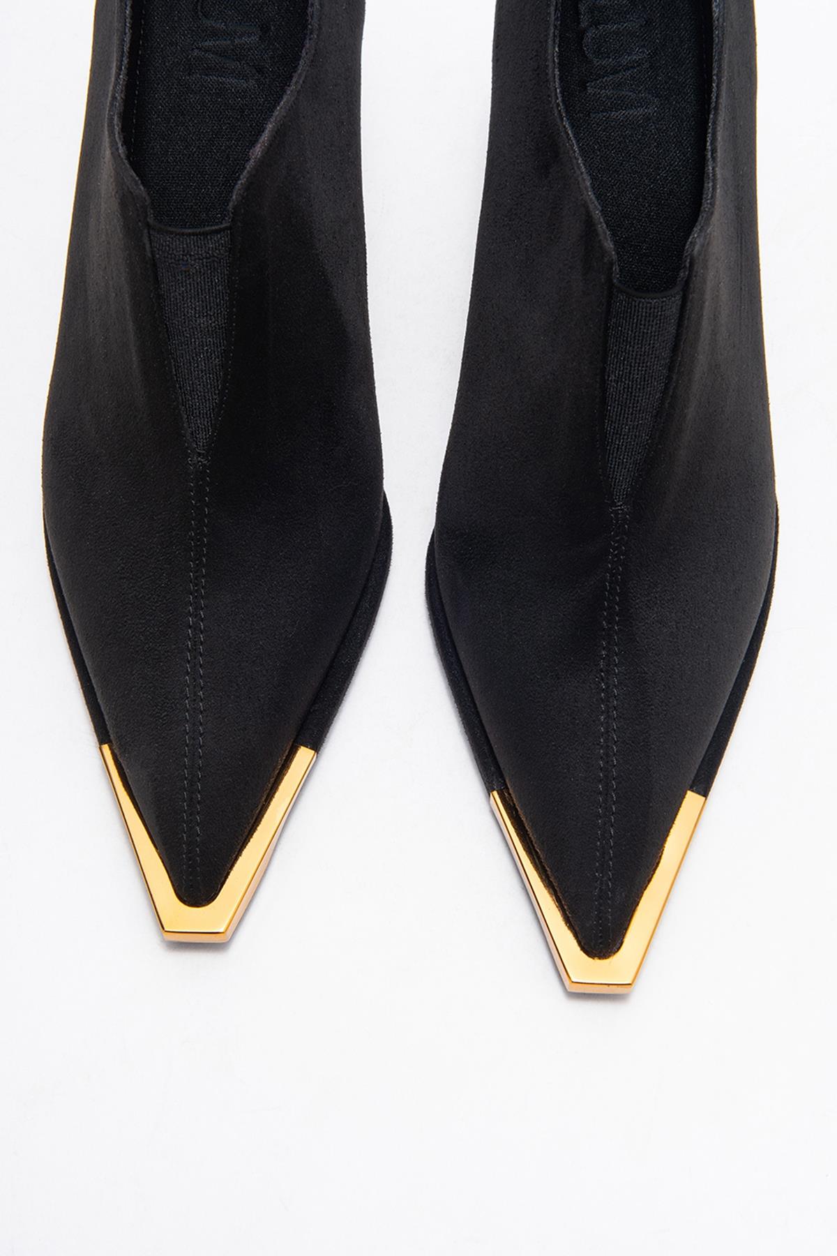 Niva - Black Suede Gold-Detail Elastic Ankle-Heeled Shoe (Women)