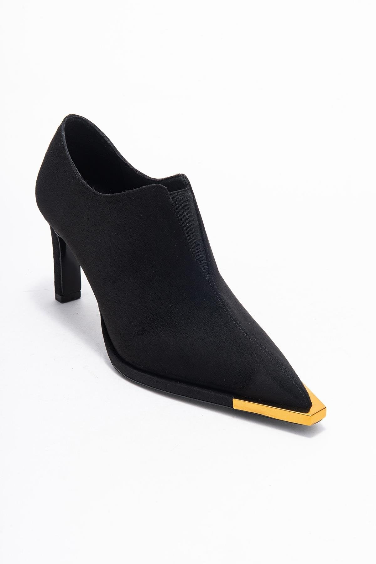 Niva - Black Suede Gold-Detail Elastic Ankle-Heeled Shoe (Women)