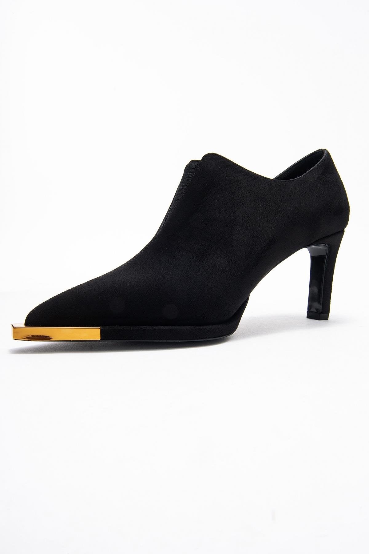 Niva - Black Suede Gold-Detail Elastic Ankle-Heeled Shoe (Women)