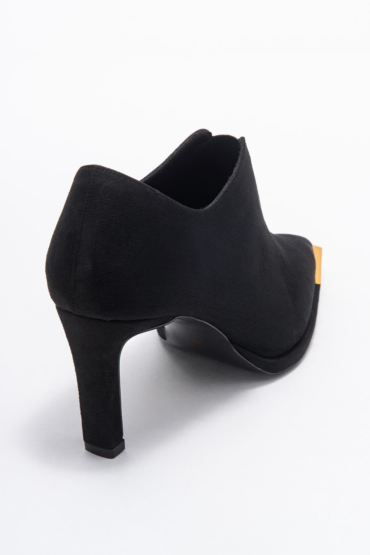 Niva - Black Suede Gold-Detail Elastic Ankle-Heeled Shoe (Women)