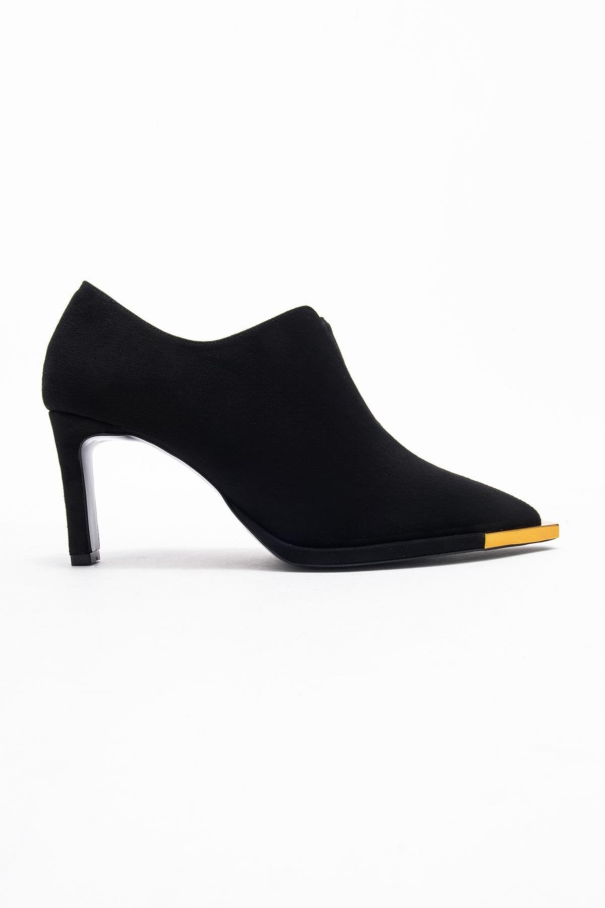 Niva - Black Suede Gold-Detail Elastic Ankle-Heeled Shoe (Women)