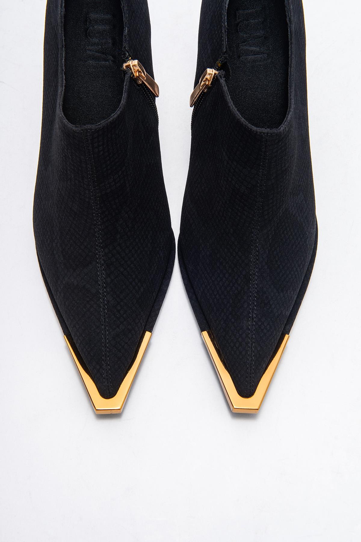Sona - Black Patterned Ankle-Heel Shoe (Women)