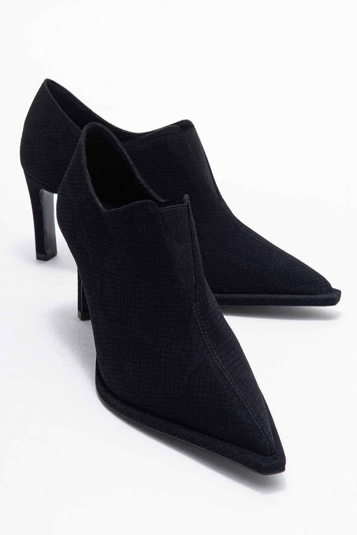 Alya - Black Patterned Elastic Ankle Stiletto Pump (Women)
