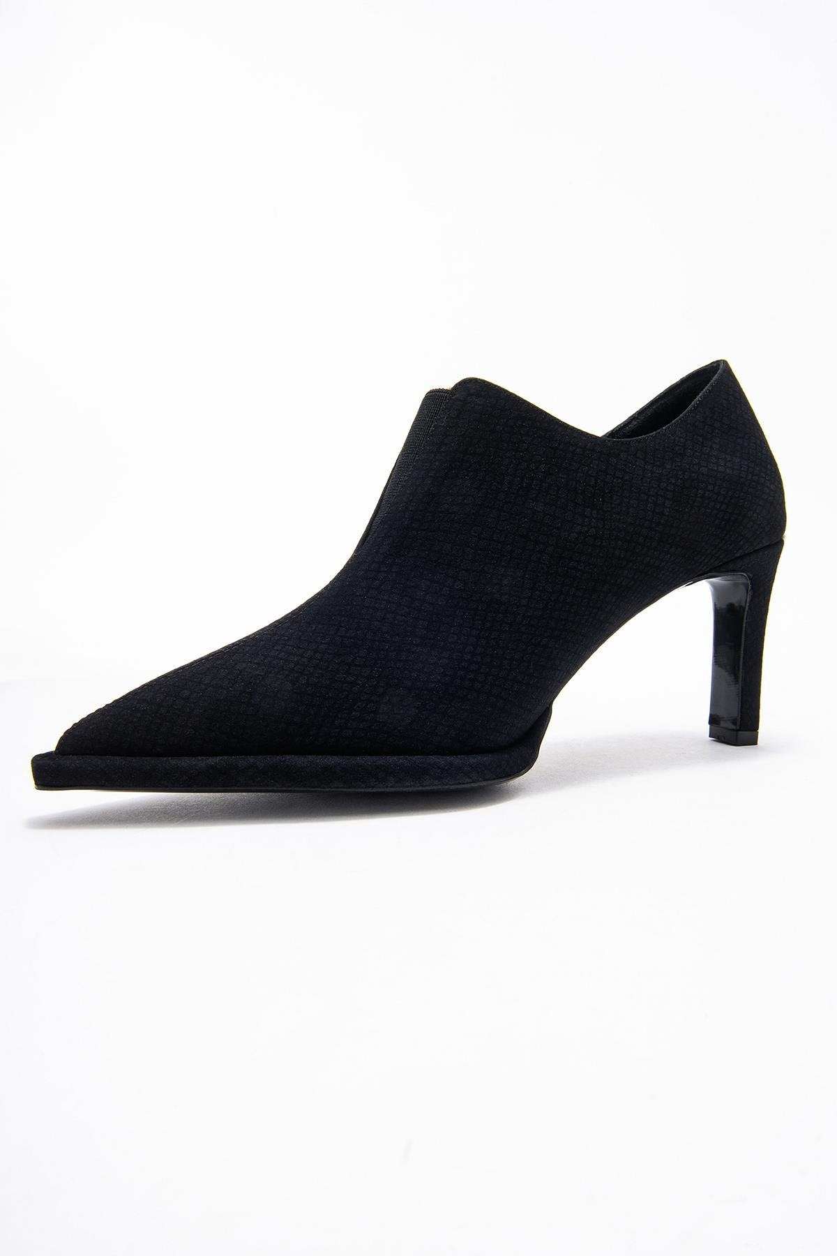 Alya - Black Patterned Elastic Ankle Stiletto Pump (Women)