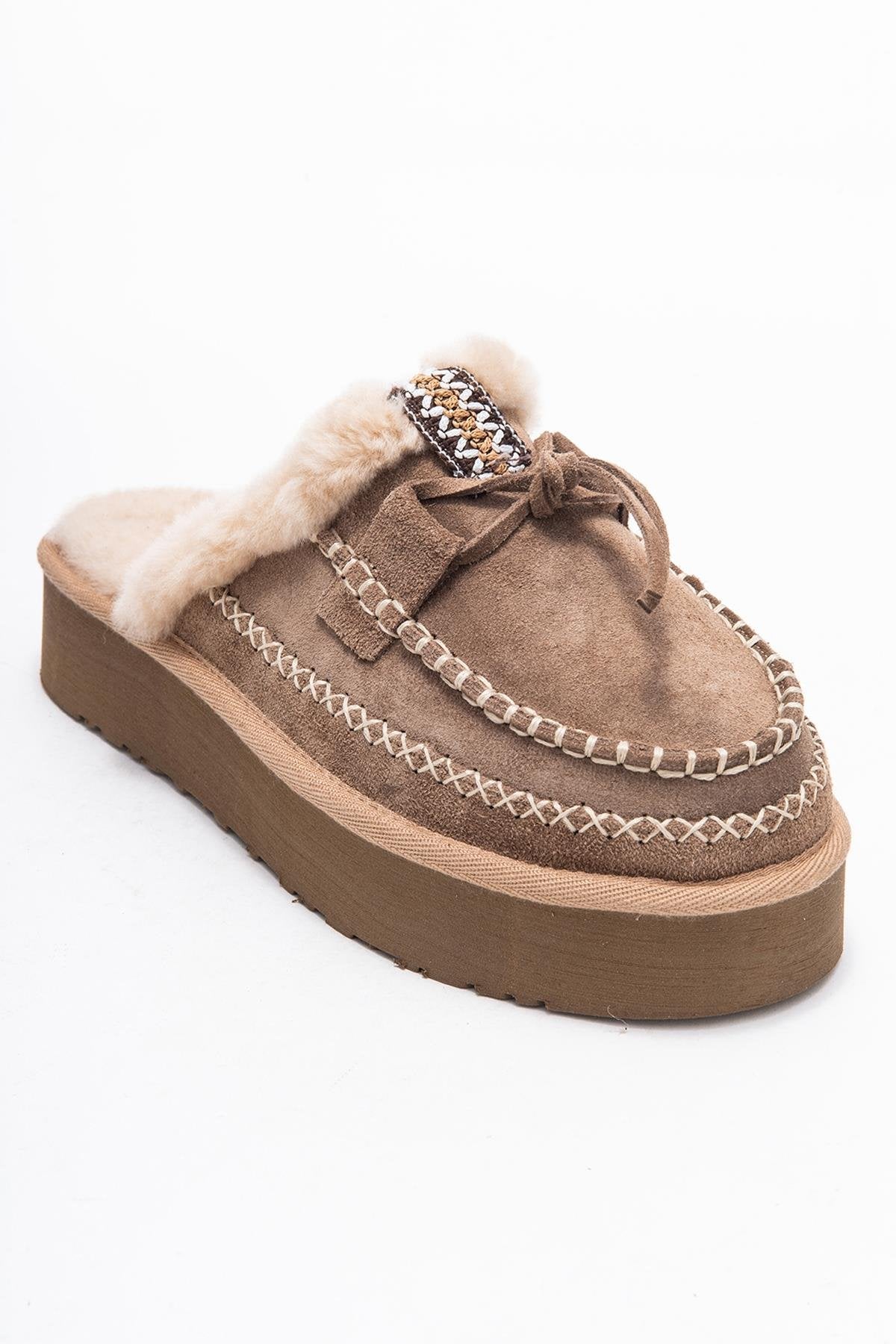 Yalina - Sand Genuine Leather Platform Moccasin Slipper (Women)