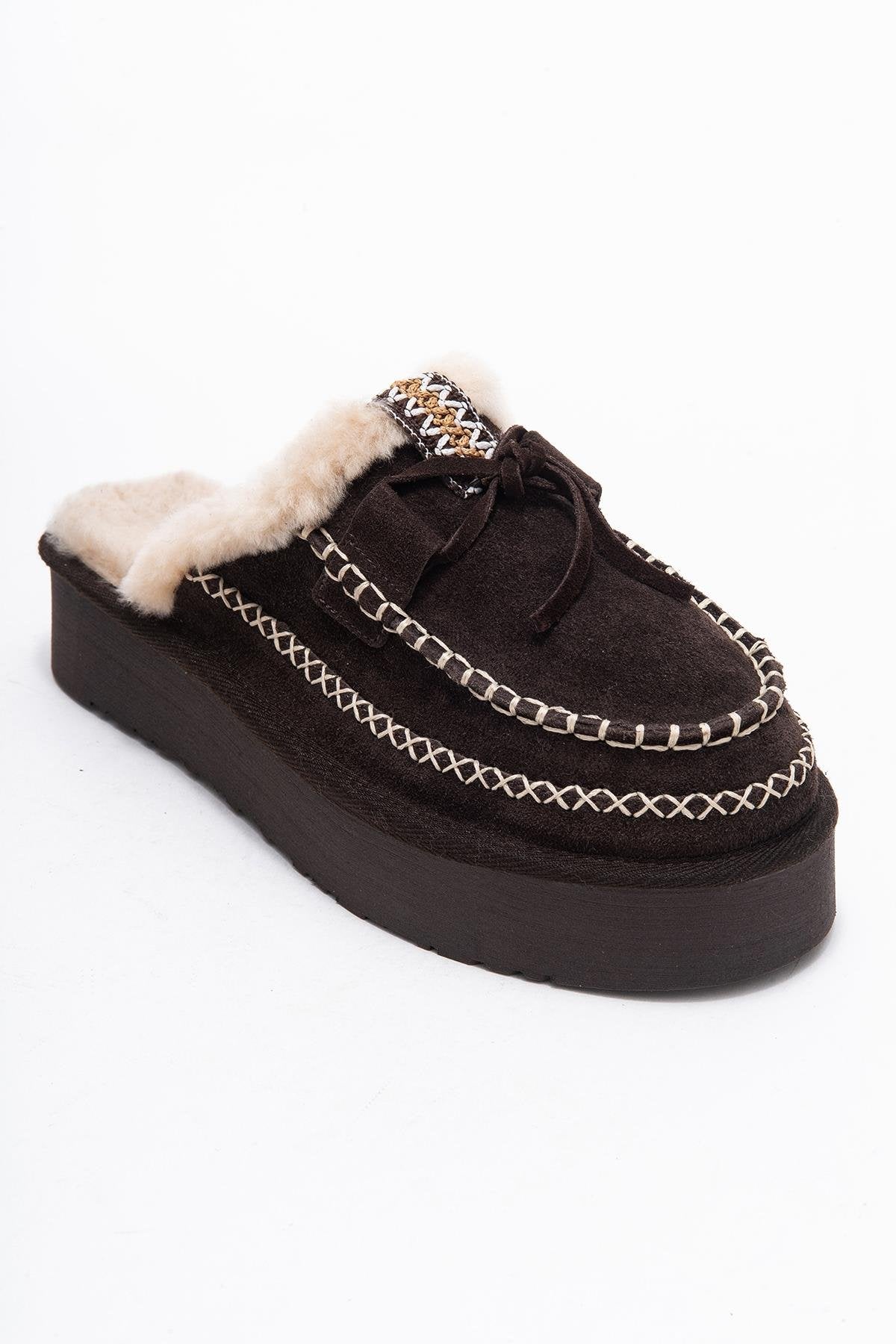 Yalina - Brown Genuine Leather Platform Moccasin Slipper (Women)