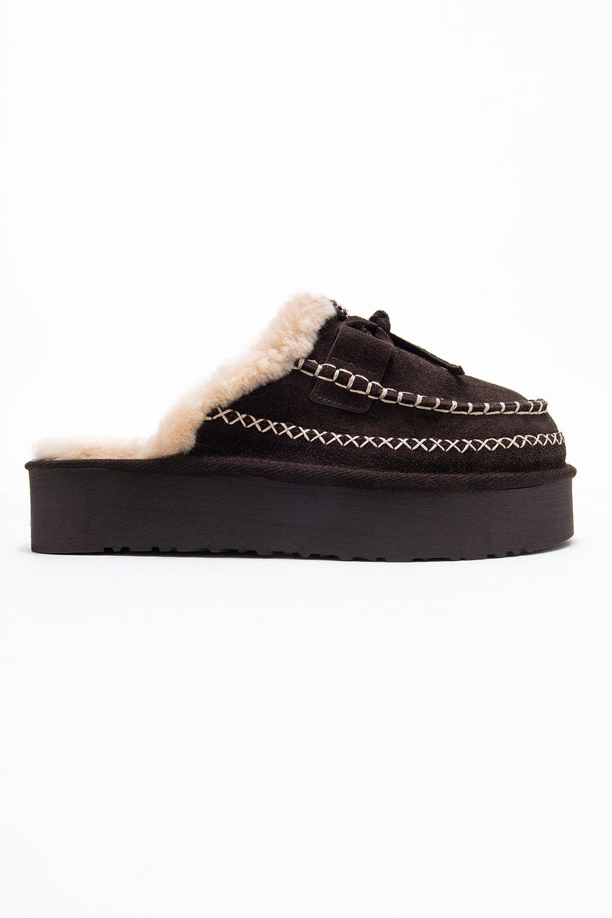 Yalina - Brown Genuine Leather Platform Moccasin Slipper (Women)