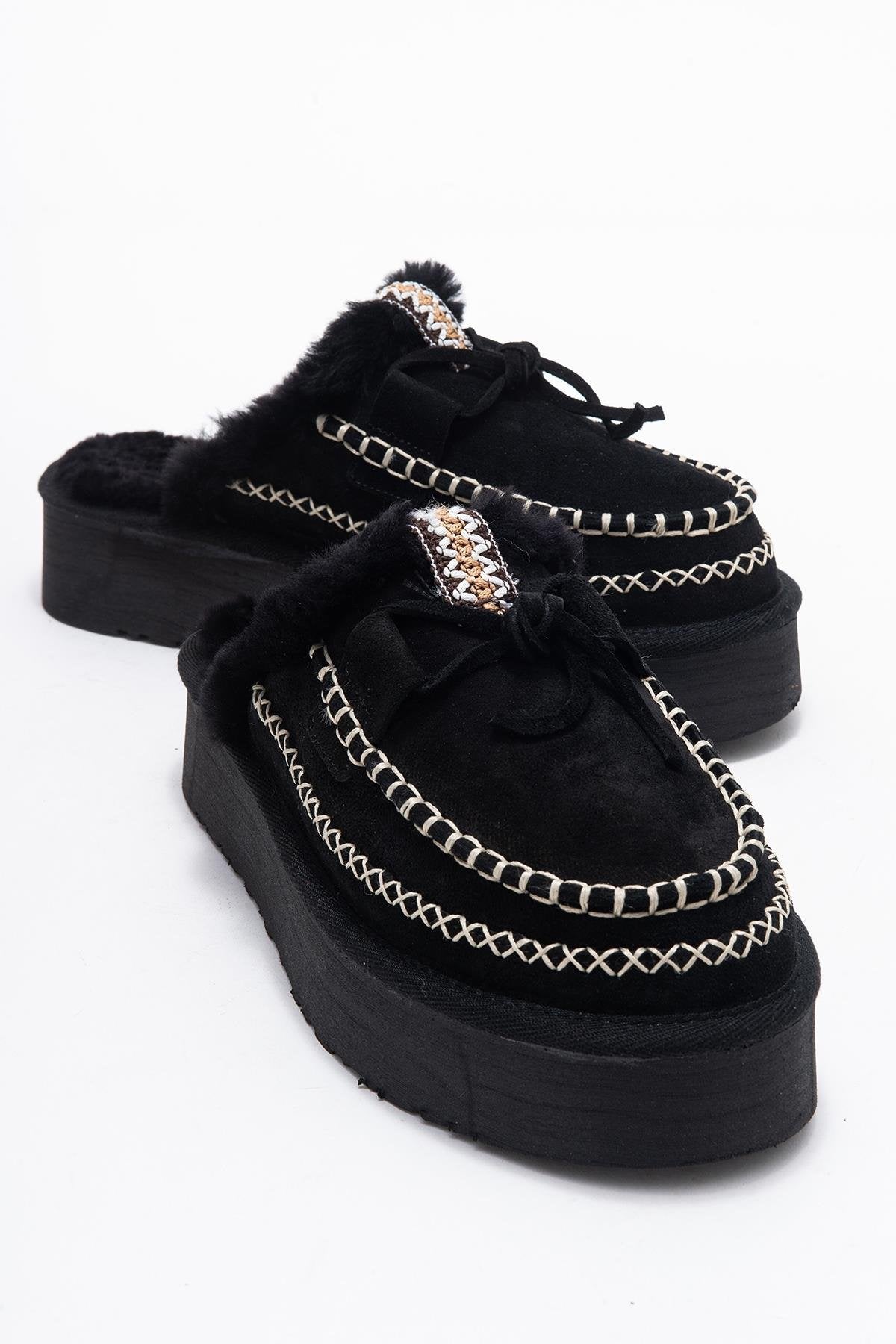 Yalina - Black Genuine Leather Platform Moccasin Slipper (Women)