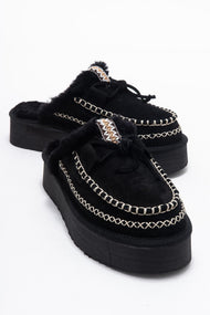 Yalina - Black Genuine Leather Platform Moccasin Slipper (Women)