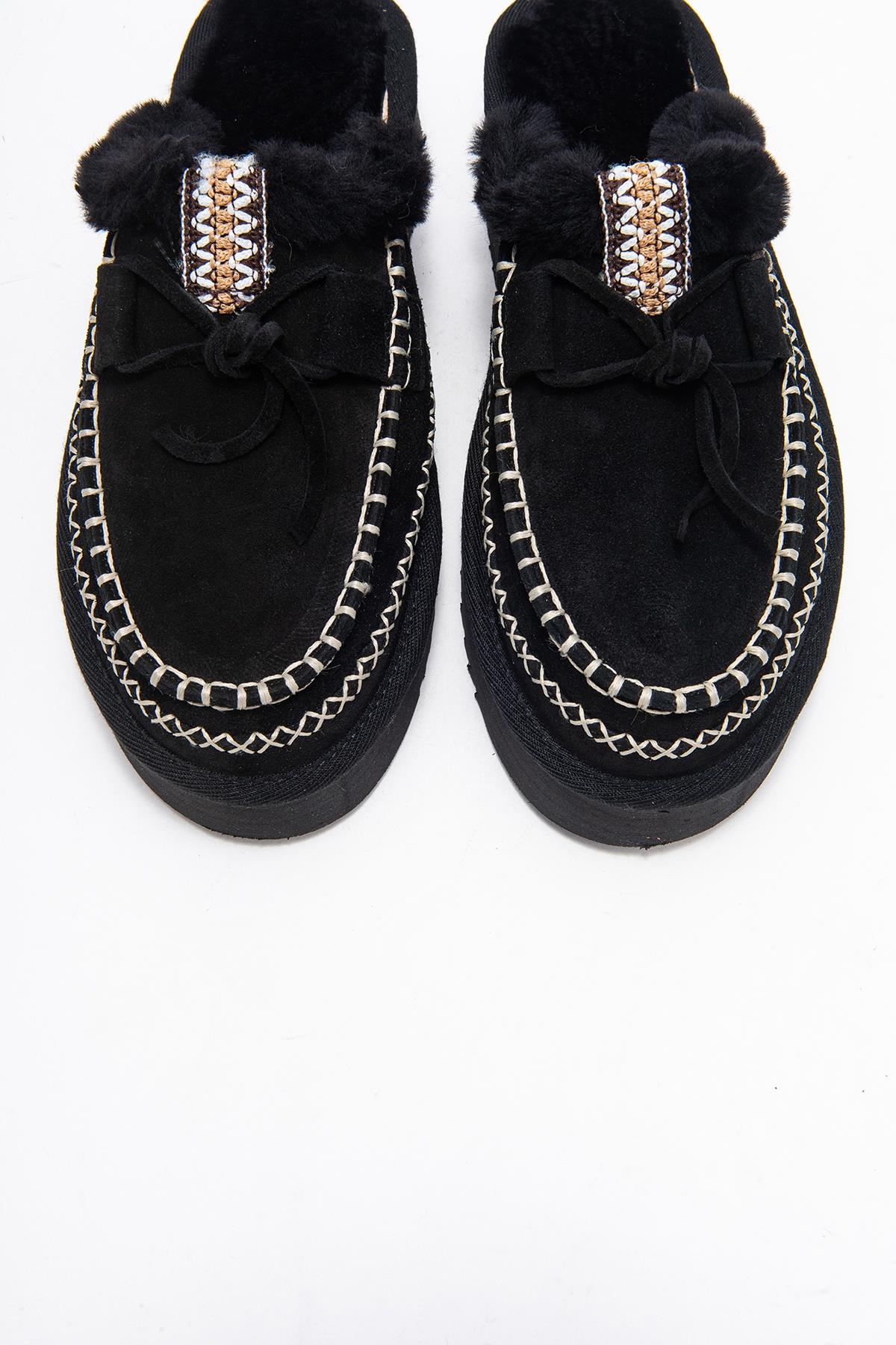Yalina - Black Genuine Leather Platform Moccasin Slipper (Women)