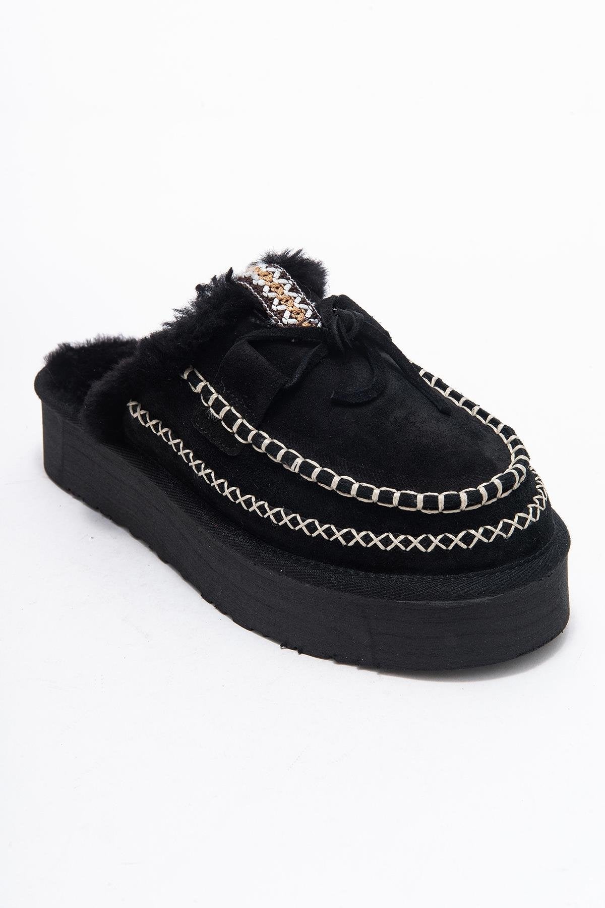 Yalina - Black Genuine Leather Platform Moccasin Slipper (Women)