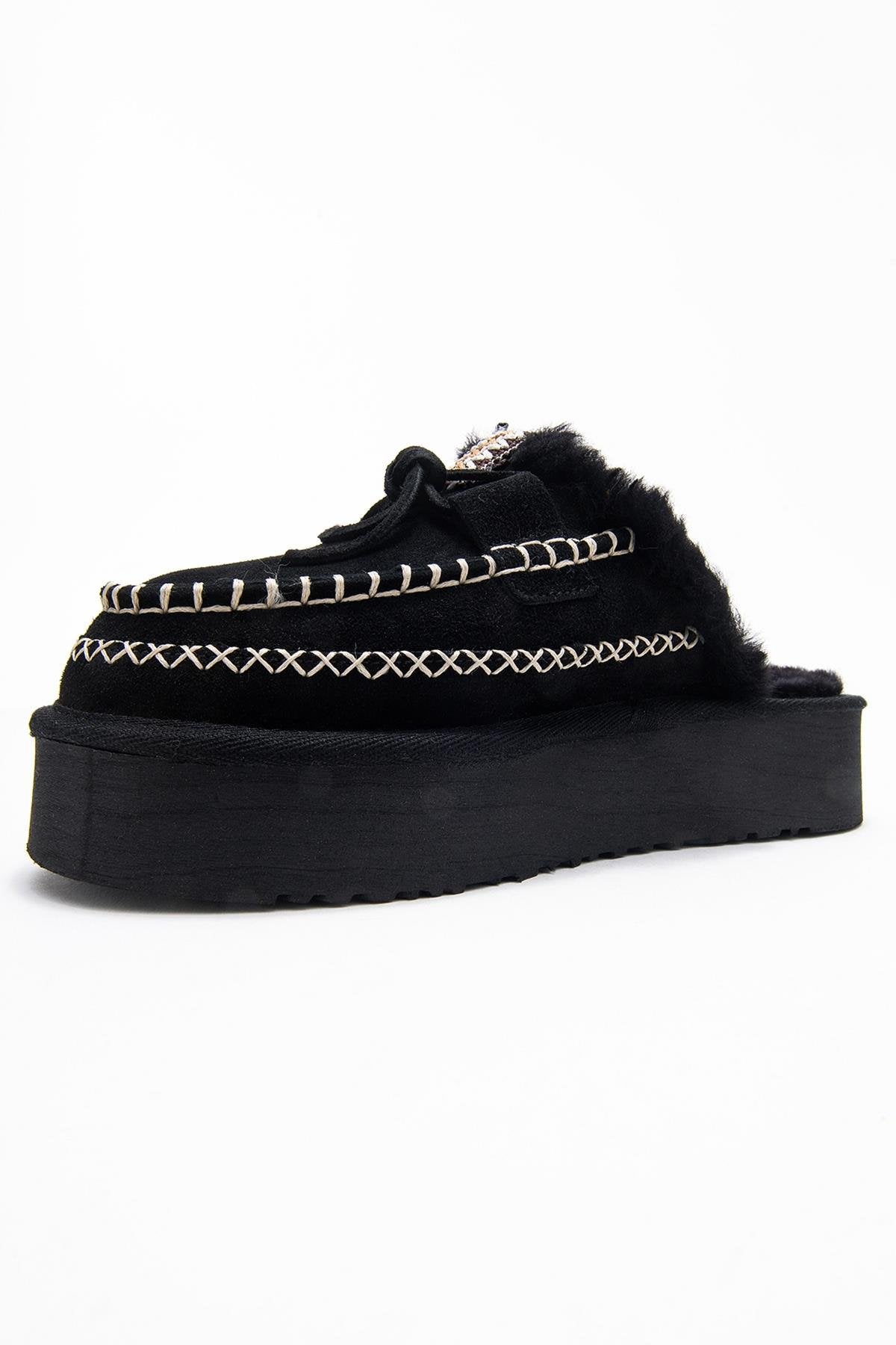 Yalina - Black Genuine Leather Platform Moccasin Slipper (Women)