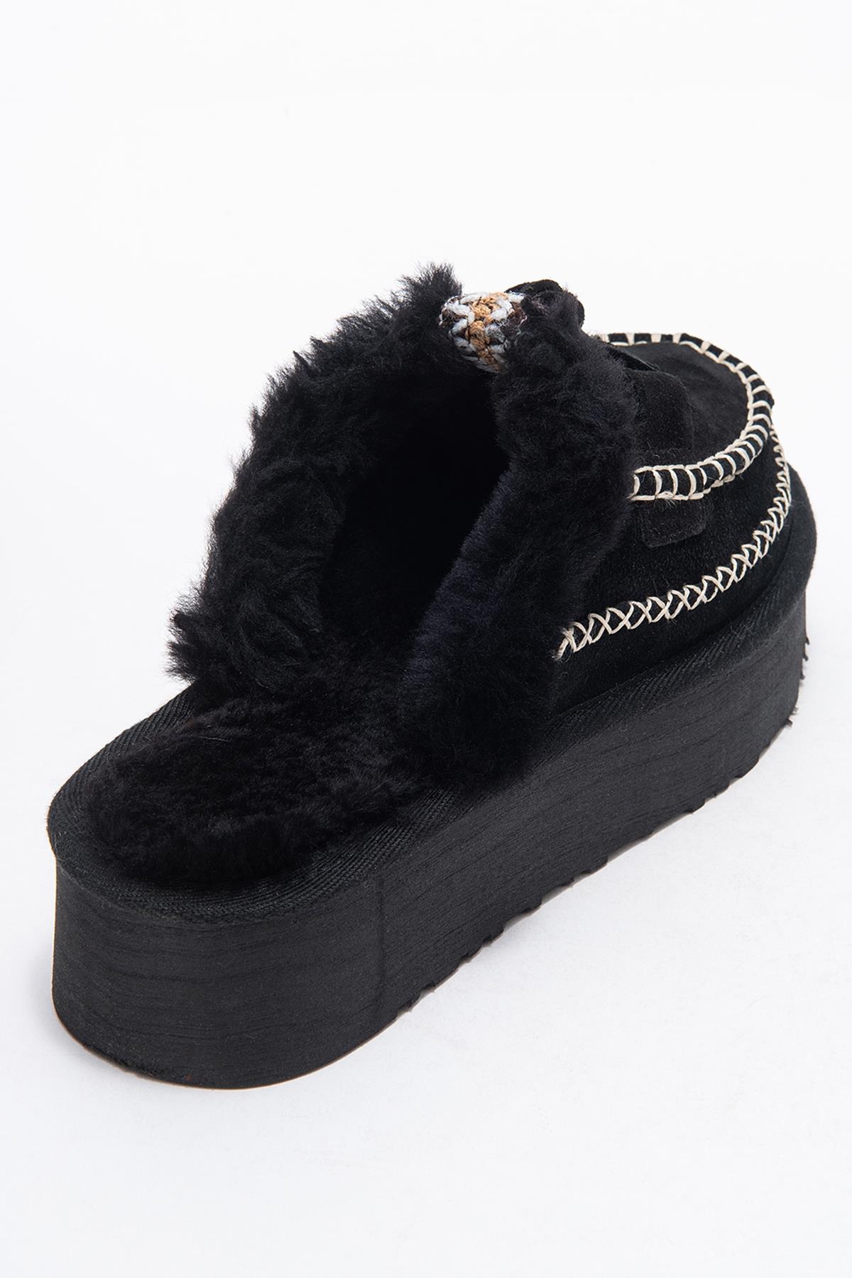 Yalina - Black Genuine Leather Platform Moccasin Slipper (Women)