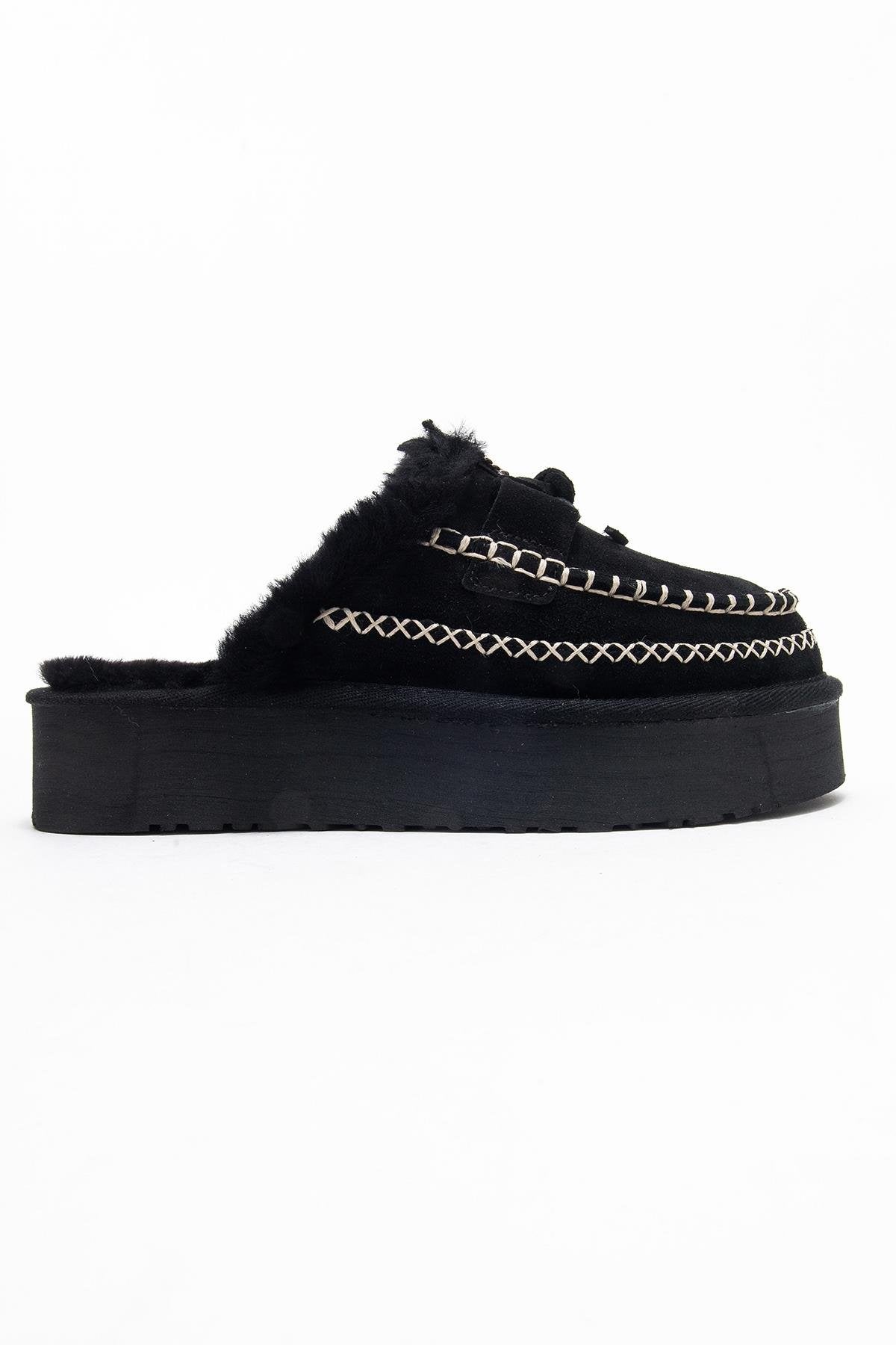 Yalina - Black Genuine Leather Platform Moccasin Slipper (Women)