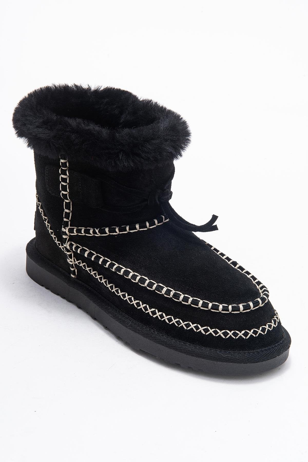 Jorel - Black Genuine Leather Fur-Lined Ankle Boot (Women)