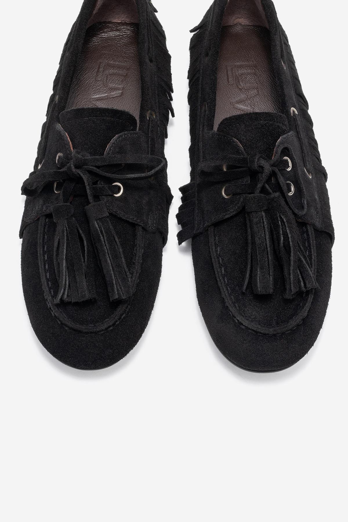 Fenora - Black Genuine Leather Fringed Tassel Loafer (Women)