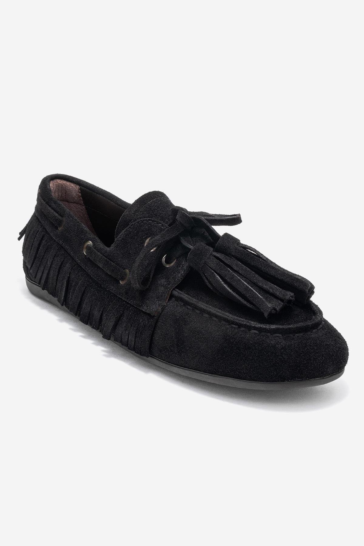 Fenora - Black Genuine Leather Fringed Tassel Loafer (Women)