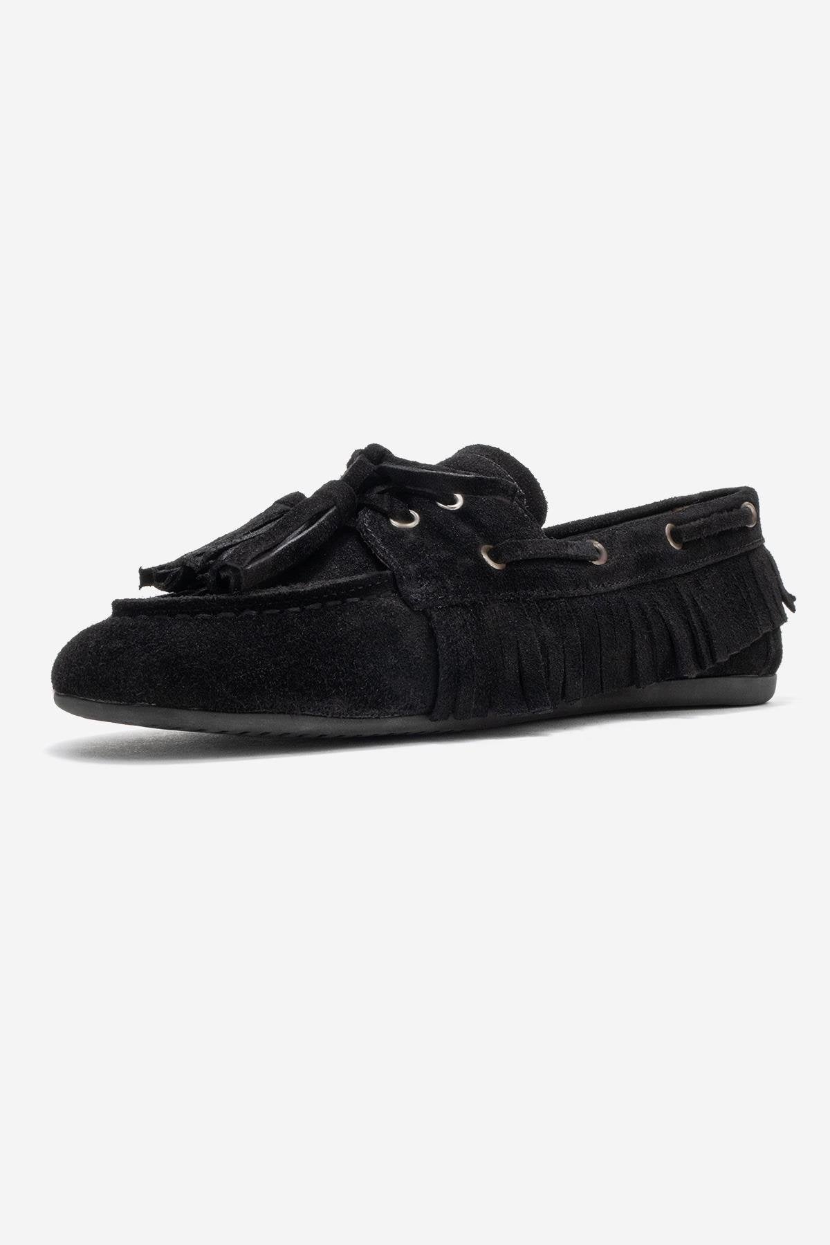 Fenora - Black Genuine Leather Fringed Tassel Loafer (Women)