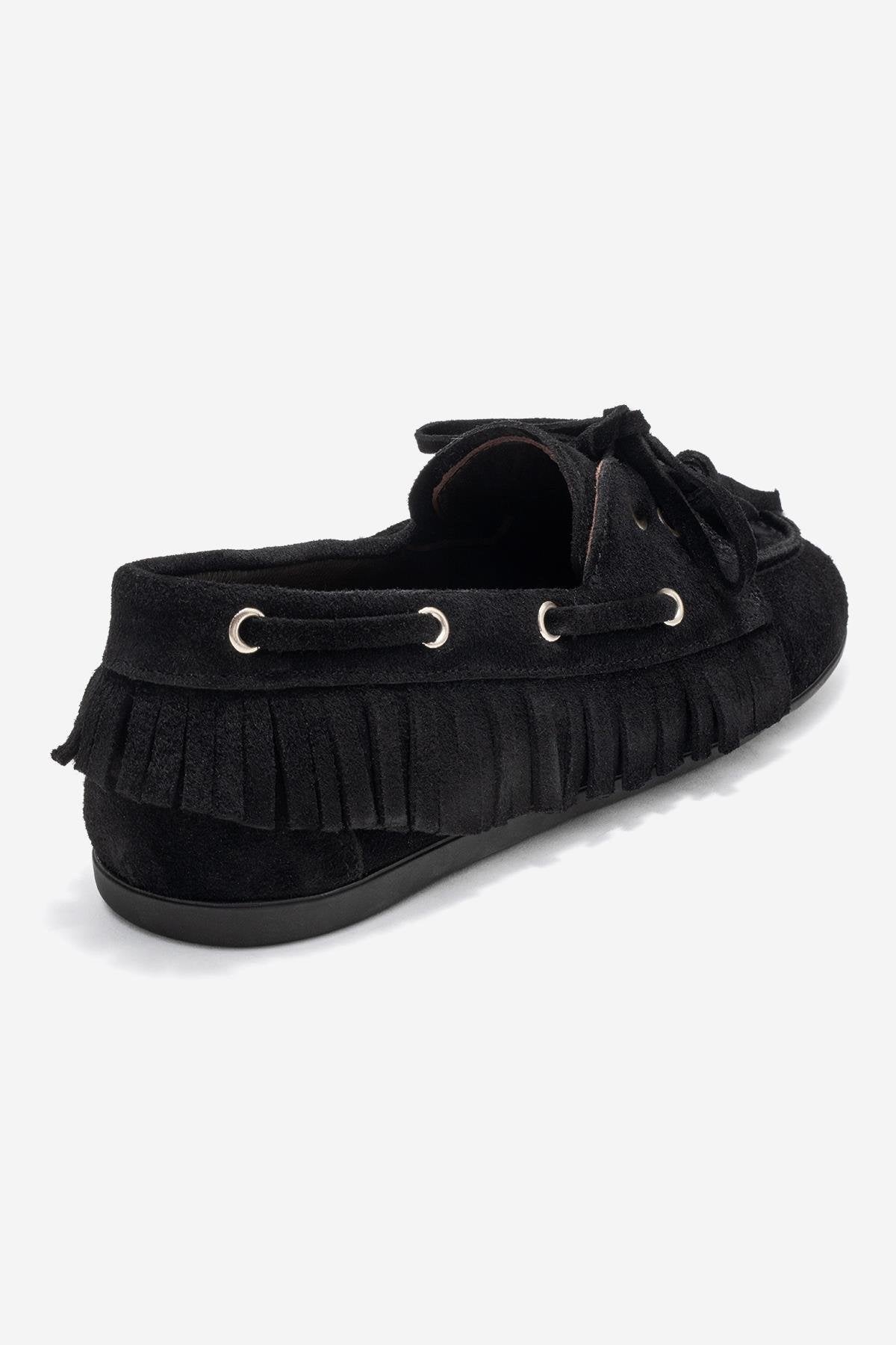 Fenora - Black Genuine Leather Fringed Tassel Loafer (Women)